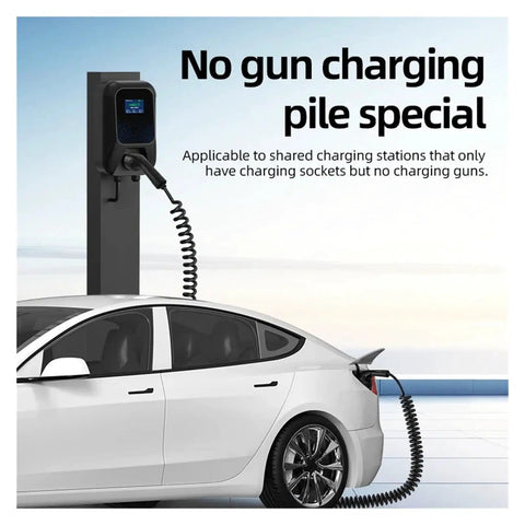 Heavy Duty Type 2 Electric Vehicle Charger Extension Cable With Smart Temp Sensor And Automatic Leakage Cutoff Spring Flex Coil Cord Up To Twenty Two Kilowatts charging a car at a station.