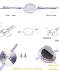 Dimensions and installation details of Under Cabinet LED Light Kit Dope 24V RGBW Puck Lights with adhesive and screws.