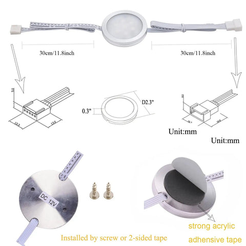 Dimensions and installation details of Under Cabinet LED Light Kit Dope 24V RGBW Puck Lights with adhesive and screws.