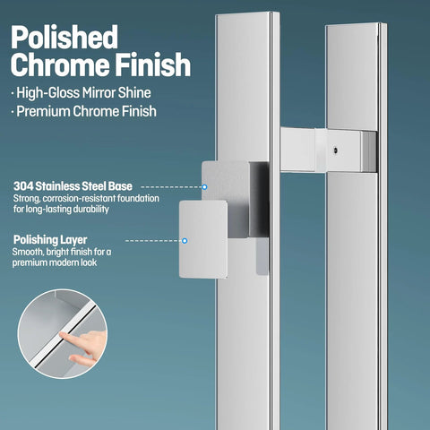 Polished chrome H-shaped 1200mm push pull door handle, back to back mounting, stainless steel 304, for commercial glass doors.