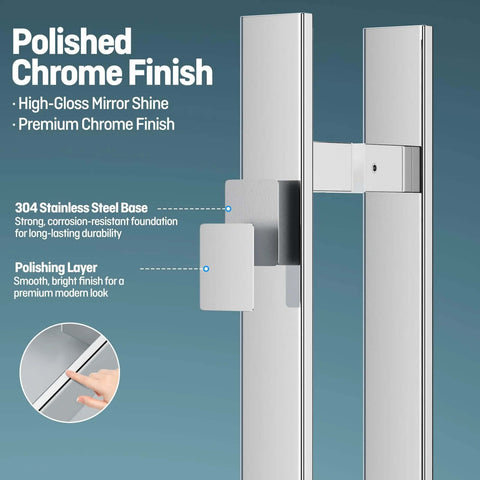 H Shaped 18 Inch Rectangle Push Pull Door Handle Back To Back 300mm Center To Center 1.2mm Thick 304 Stainless Steel Polished Chrome