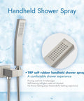 Wall Mount Shower System With 12 Inch Rainfall Shower Head And Handheld Spray Tub Spout Three Function Mixer Brushed Nickel Finish Luxury Rough In Valve For An Easy In Wall Installation And A Game Changing Bathroom Upgrade, showing close-up of brushed nickel handheld spray detail