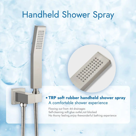 Wall Mount Shower System With 12 Inch Rainfall Shower Head And Handheld Spray Tub Spout Three Function Mixer Brushed Nickel Finish Luxury Rough In Valve For An Easy In Wall Installation And A Game Changing Bathroom Upgrade, showing close-up of brushed nickel handheld spray detail