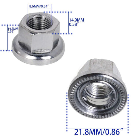 Two Pack 3/8-26 Bicycle Wheel Axle Nuts For Mountain Bikes, Flange Front Hub Bolts, MTB Wheel Nuts, iron, dimensions shown