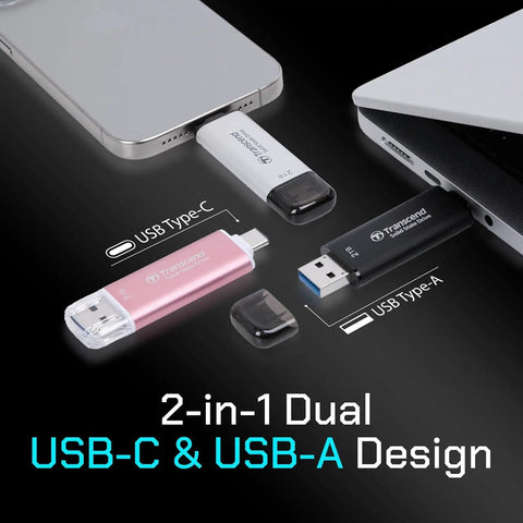 Ultra Fast 256GB External SSD With Dual USB Type C And Type A Ports Up To 1050 MB Per Second Read And 950 MB Per Second Write USB 3 Gen 2 Thumb Drive for iPhone iPad Mac Windows Android Tablets PCs shown with USB-C and USB-A design.