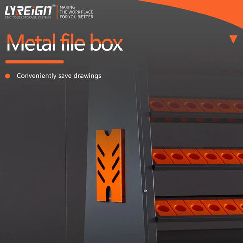 Metal file box on a CNC tool storage system with visible orange tool holder racks inside a 8 Row Large Capacity CNC Tool Holder Rack And Storage Cabinet And Storage System For Workshop Shop Floor Mechanic Garage Pro Grade Rugged ABS Tool Cart With Cushioning And Easy Access.
