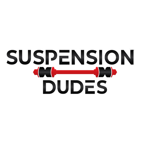 Suspension Dudes logo design featuring bold lettering and graphic elements in black and red.