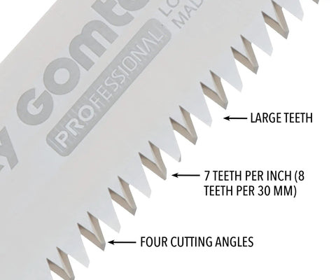 Replacement Blade For GOMTARO 300mm Large Teeth Saw Blade 1.8 Inch Length 1.5mm Thick 7 Tpi 8 Teeth Per 30mm With Electroless Nickel Plating For Superior Wear And Rust Resistance showing large teeth detail