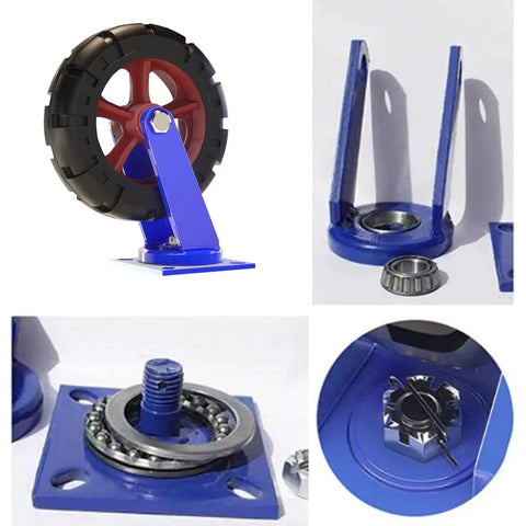 Heavy Duty Swivel Caster Wheel With Puncture Proof Rubber Treads And Quiet Ball Bearings Moves Heavy Loads Dead Easy Runs Silently And Rolls Smoother Than Butter Built Like A Tank With Stainless Steel Mounting Bolts Pack Of One, showing blue metal frame and rubber tread.