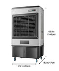Portable Evaporative Air Cooler With Large Water Tank And 120 Degree Oscillation For Patios Or Dry Rooms, grey metal unit, 62.9x29.1x18.5 inches.