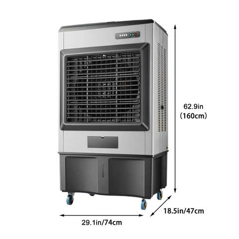 Portable Evaporative Air Cooler With Large Water Tank And 120 Degree Oscillation For Patios Or Dry Rooms, grey metal unit, 62.9x29.1x18.5 inches.
