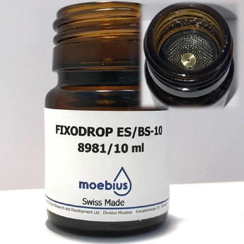 Moebius 8981 Epilame Fixodrop ES 10ml bottle with basket, oil spread control for watch movement parts, metals visible.