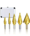 Dang Tough Heavy Duty Titanium Coated HSS Step Drill Bit Set With Triangular Shank For Smooth Wood And Metal Cutting Versatile Pro Shop Grade 5 Piece Kit in case.