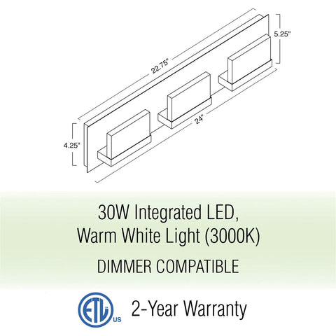 Diagram of the Everett 24 Inch Modern 3 Light Integrated LED Vanity Light With Brushed Nickel Finish, dimensions and features.