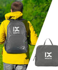 Person wearing 20L Lightweight Hiking Daypack For Outdoors Foldable Travel Backpack with yellow jacket, shown folded and open