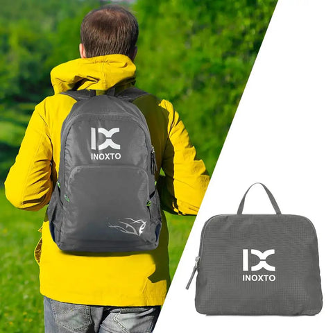 Person wearing 20L Lightweight Hiking Daypack For Outdoors Foldable Travel Backpack with yellow jacket, shown folded and open