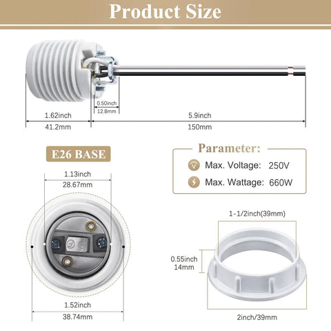 Product dimensions of Two Pack E26 Medium Base Ceramic Light Socket With 6 Inch Prewired Lead And White Shade Ring