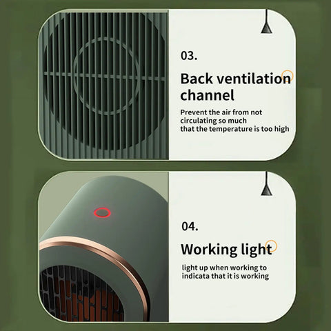 Under Desk Space Heater For Office And Bedroom Quiet No Fuss Portable Fast Heating PTC Ceramic Warmer features and functions display.