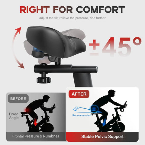 Noseless Oversized Bike Seat With Backrest for Electric and Stationary Bikes Extra Wide 13x9 Inch Cushion 7cm Foam No Nose Design, adjustable 45° tilt