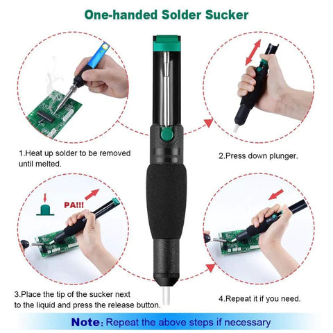 4 In 1 Desoldering Kit For DIY Electronics With Vacuum Pump, Spare Nozzle, Solder Sucker, Solder Wick And Desoldering Braid instructions