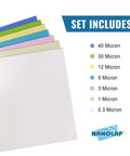 PSA Lapping Film Pack Workhorse Seven Sheets 8.5 x 11 Inches Microfinishing Sanding Paper with color-coded microns displayed