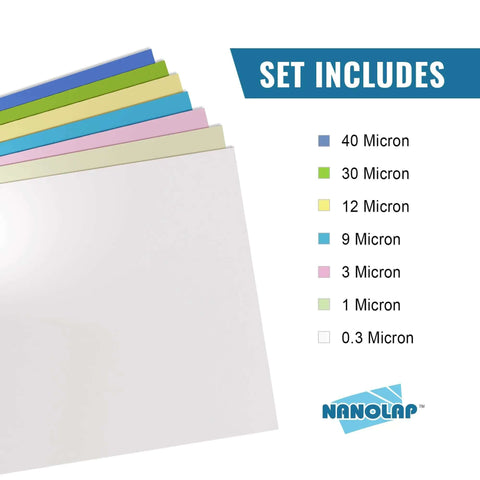 PSA Lapping Film Pack Workhorse Seven Sheets 8.5 x 11 Inches Microfinishing Sanding Paper with color-coded microns displayed