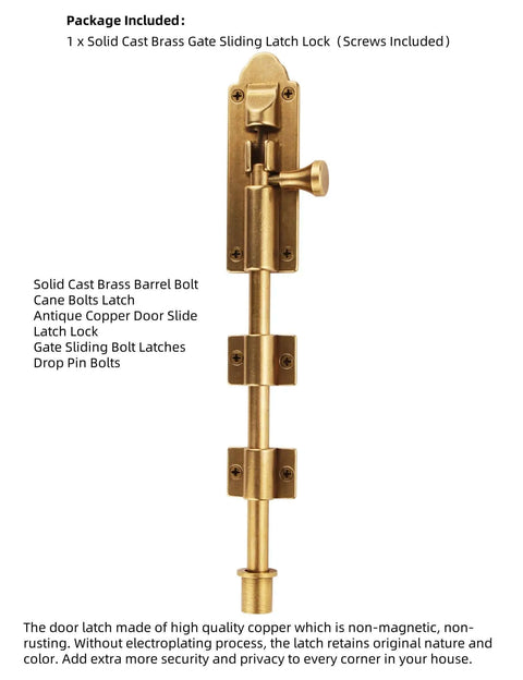 Solid cast brass gate sliding latch lock with screws included, featuring antique copper door slide, cane bolts latch, and drop pin bolts.