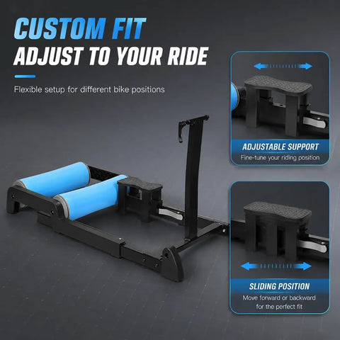 Indoor Bike Trainer Stand For Home Cycling Heavy Duty Aluminum Alloy Frame With ABS Roller, adjustable support, sliding position.