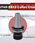 CAT40 ER32 Collet Chuck Set, 8 Piece, 2.76 Inch Gage Length, showing collet thread 5/8 inch-11, durable, low runout