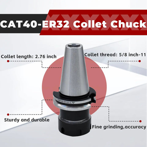 CAT40 ER32 Collet Chuck Set, 8 Piece, 2.76 Inch Gage Length, showing collet thread 5/8 inch-11, durable, low runout