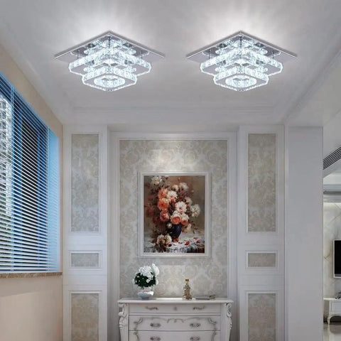 Crystal Square Ceiling Light Chandelier With Modern LED Flush Mount Two Layer Design in elegant room setting