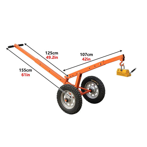Heavy Duty Magnetic Manhole Cover Lift Dolly Kit Featuring A Rock Solid Steel Frame And A Knockout 880 Pound Grip To Move Heavy Ferrous Material Without Breaking A Sweat, showing dimensions and wheel details.