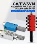 No Fuss Industrial Multistage Vacuum Generator With Rock Solid Frame Pulls Strong Negative Pressure For Heavy Tools and connections on red and blue units.