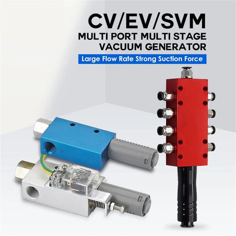 No Fuss Industrial Multistage Vacuum Generator With Rock Solid Frame Pulls Strong Negative Pressure For Heavy Tools and connections on red and blue units.