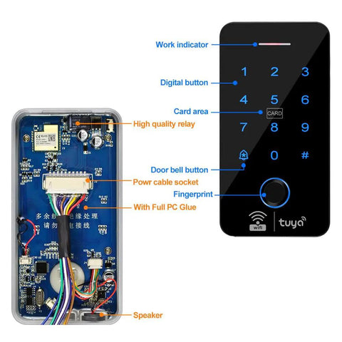Smart WiFi Access Control Kit With IP68 Waterproof Fingerprint Keypad NC Latch Door Lock 125KHz RFID Fobs Exit Button and 12V 3A Power Supply for Tuya App shown with labeled circuit board and keypad.