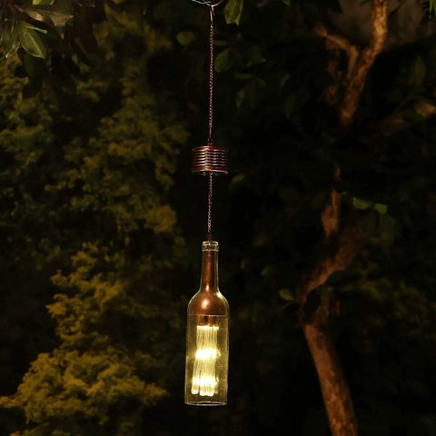 Outdoor Hanging Solar Lantern With LED Light In Bronze, Glass And Metal, Weather Resistant Yard Decor For Patio Or Garden, night view
