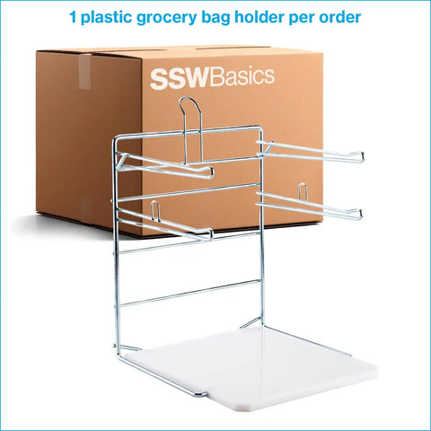 Chrome Grocery Bag Holder Stand, Space Saving Organizer For Easy Bag Storage in front of packaging box