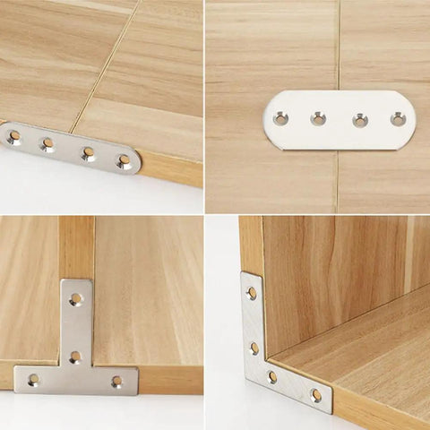 Stainless Steel Straight Braces For Wood Reinforcement, 4 Pack Of Thickened Metal Straps on wooden shelves.