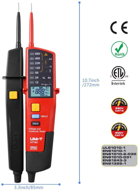 Voltage And Continuity Tester With AC And DC Detection For 12V To 690V Waterproof Design LCD Display And Audible Buzzer UT18C For Real World Electricians And DIY Pros