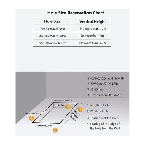 Hole Size Reservation Chart for Electric Hidden Attic Ladder with detailed dimensions and vertical height limits.