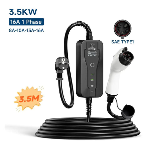 Plug And Play Portable Ev Charger Type 1 Sae J1772 16a Evse Charging Cable Wallbox with 3.5m cable and LED indicator.