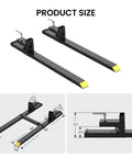 Diagram of 1500 Lbs Clamp On Pallet Forks 43 Inch Heavy Duty For Loader Bucket Skid Steer Tractor with dimensions detailed.