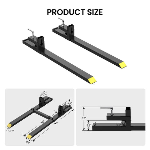 Diagram of 1500 Lbs Clamp On Pallet Forks 43 Inch Heavy Duty For Loader Bucket Skid Steer Tractor with dimensions detailed.