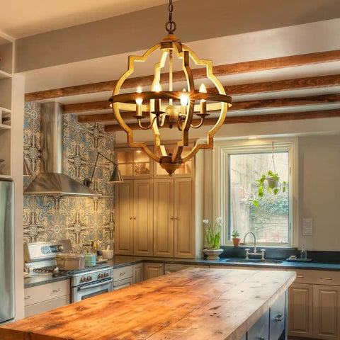 4 Light Farmhouse Chandelier For Dining Room Rustic Black Globe Orb Drum Pendant With Wood Grain Metal Frame Sloped Ceiling Compatible