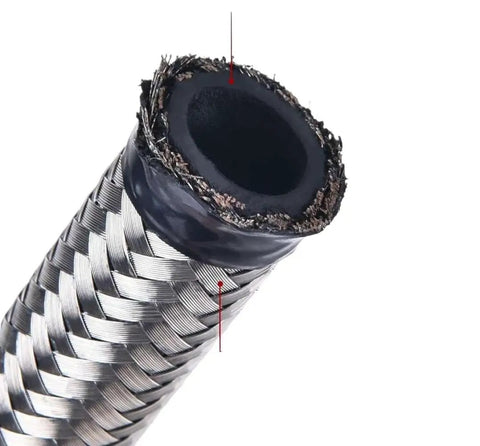 Top Tier 10FT Braided Nylon Fuel Line Kit With Silver CPE Fittings For Hydraulic Fluid Pump Gas And Alcohol Transfer Perfect Build Your Own Custom Setup Today braided hose close-up