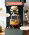 Rock Solid Compact Espresso Machine In Fresh Thyme Green delivering café-quality espresso into a glass coffee cup with crema.