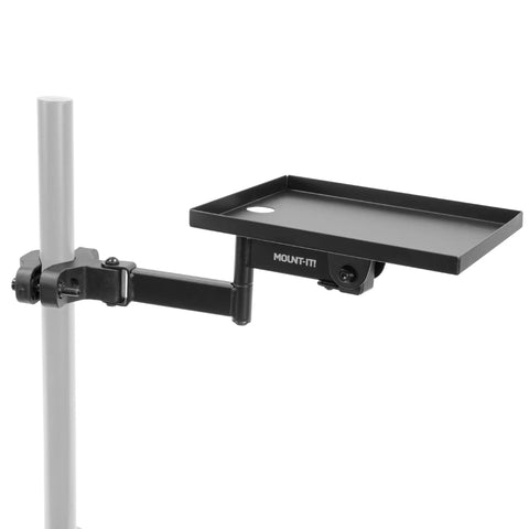 Rock Solid Universal Printer Pole Mount With Full Motion Articulating Arm Adjustable Swivel Roll Play Tray Smart Wire Routing For Shipping Desk Workhorse Setup, close-up of black tray on articulated arm.