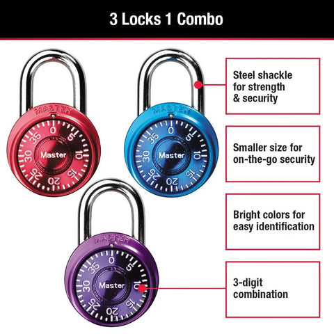 Mini Dial Locker Padlock Set For Gym And School Use One And Nine Sixteenths Inch Wide Small Locks Three Pack With Color Assortment No Key Needed Three Digit Combination For Backpacks And Bags Durable Metal Construction Easy Locker Identification