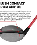 Close-up of 357 Fairway Hybrid 21 Degree Loft for seniors, showcasing the red shaft and head design for clean contact from any lie.