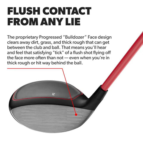 Close-up of 357 Fairway Hybrid 21 Degree Loft for seniors, showcasing the red shaft and head design for clean contact from any lie.